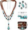 4 PCS Western Turquoise Jewelry for Women Boho Vintage Navajo Pearl Necklace Earring Bracelet Ring Set Country Cowgirl Accessories for Gift - Boho1