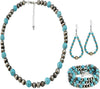 4 PCS Western Turquoise Jewelry for Women Boho Vintage Navajo Pearl Necklace Earring Bracelet Ring Set Country Cowgirl Accessories for Gift - E-Blue（No Ring）