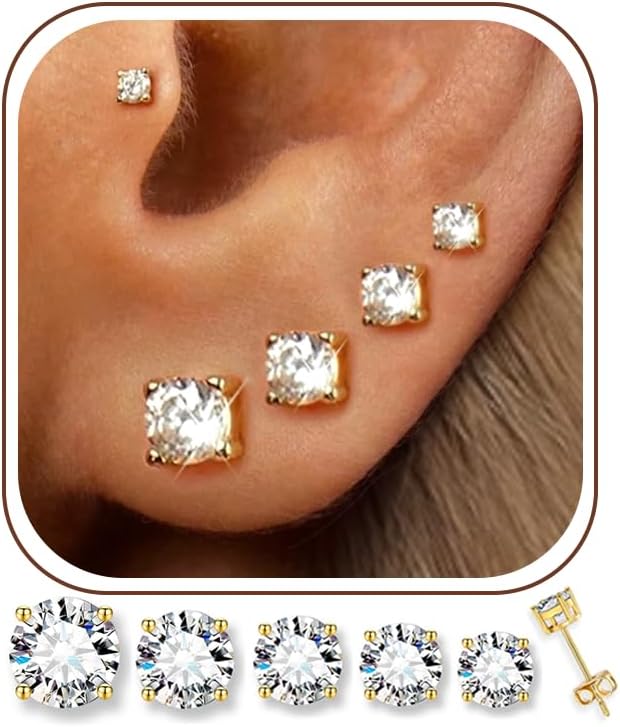 5 Pairs 14K Gold Plated Stud Earrings for Women, CZ Multiple Piercing Set - main view