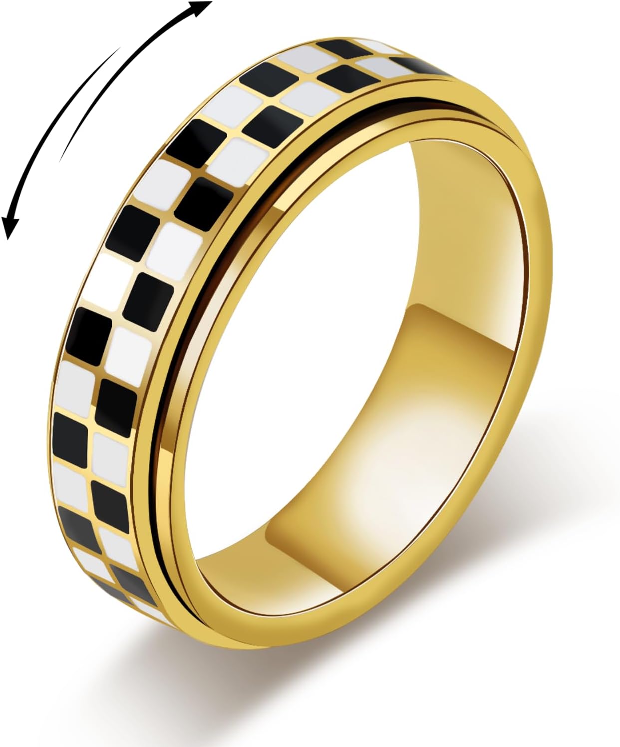 Checkered Fidget Ring for Adults - 18K Gold Plated Stainless Steel Rotating Spinner Jewelry, Anxiety & Stress Relief Gift for Women ( Black and White - main view