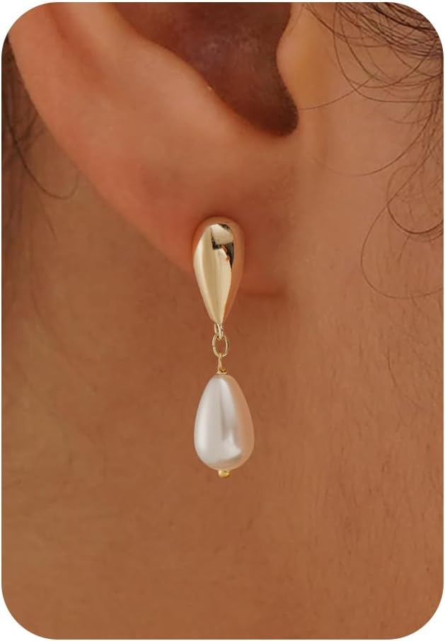 Pearl Earrings-14K Gold Plated Dainty Pearl Drop Simple Wedding CZ Dangle Dangling Cute Stud Earrings for Brides Earrings for Women Gifts - main view