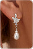 Pearl Earrings-14K Gold Plated Dainty Pearl Drop Simple Wedding CZ Dangle Dangling Cute Stud Earrings for Brides Earrings for Women Gifts - S-CZ Leaf Pearl Earrings