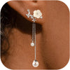 Dangle Pearl Drop Gold Earrings for Women Flower Wedding Jewelry - Silver-CZ-Flower