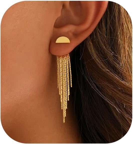 Gold Earrings for Women, 14K Gold Plated Tassel Dangle Earrings for Women Trendy Long Chain Earring Dainty Pearl Drop Earrings Elegant Wedding - main view