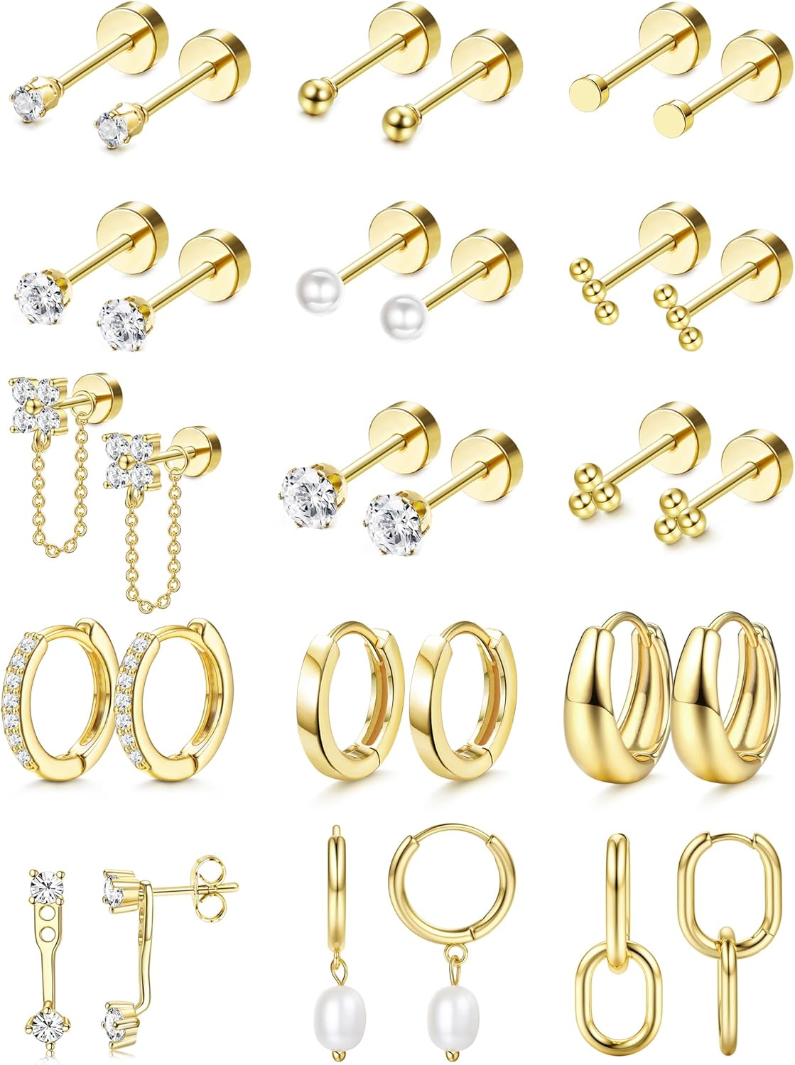 Flat Back Earrings for Women Surgical Steel Earrings -20G Cartilage Earring Stacks 14K Gold Plated Hoops Flatback Stud Earring Sets for Multiple - main view