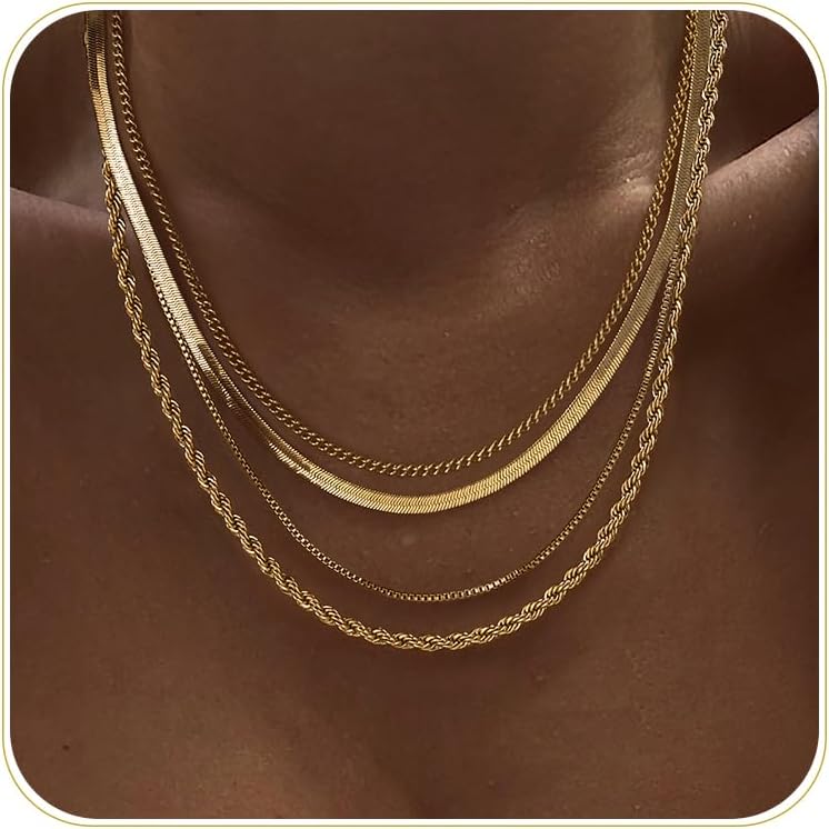 Layered Necklaces for Women 14k Gold Plated Chain Necklace Set Chunky Herringbone Snake Rope Box Cuban Link Chain for Women Layering Stack Choker - main view