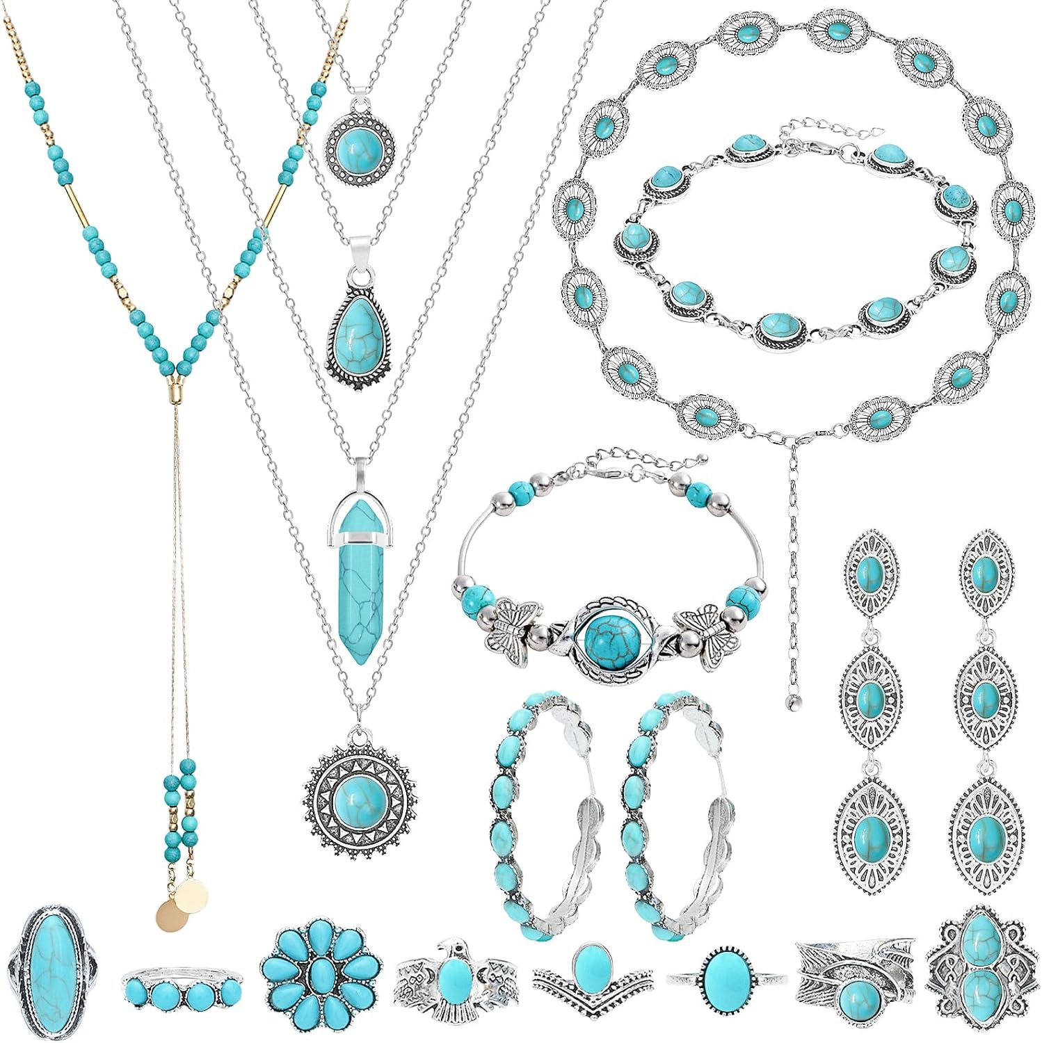 20 Pcs Bohemian Jewelry Set for Women Western Turquoise Jewelry Set - main view