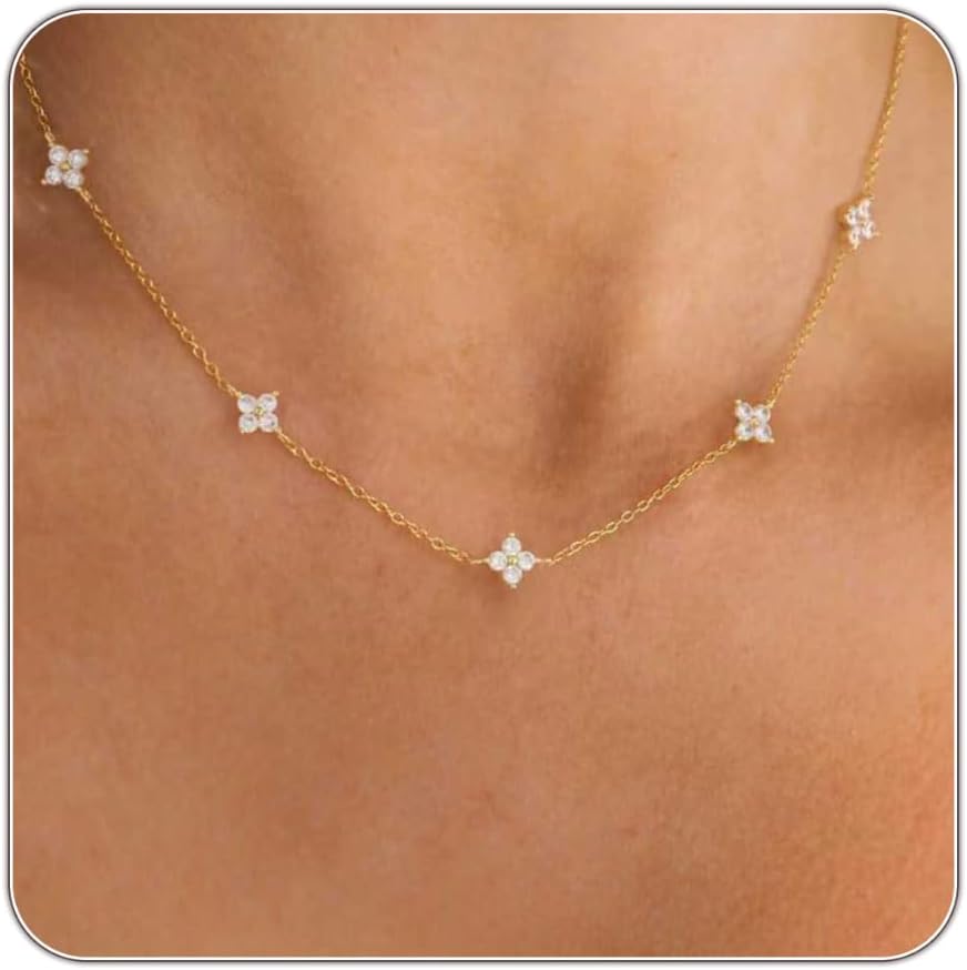 Dainty Silver Gold Necklaces for Women Station Choker Simulated Diamond Necklace Simple Layering CZ Necklace Jewelry Gifts - main view