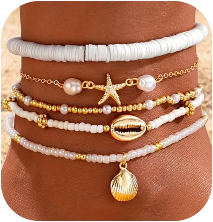 Boho Shell Ankle Bracelet Set for Women, 5 Pairs 14K Boho Bead Handmade Adjustable Anklet, Hawaiian Beach Seashell Starfish Foot Jewelry Gifts - main view