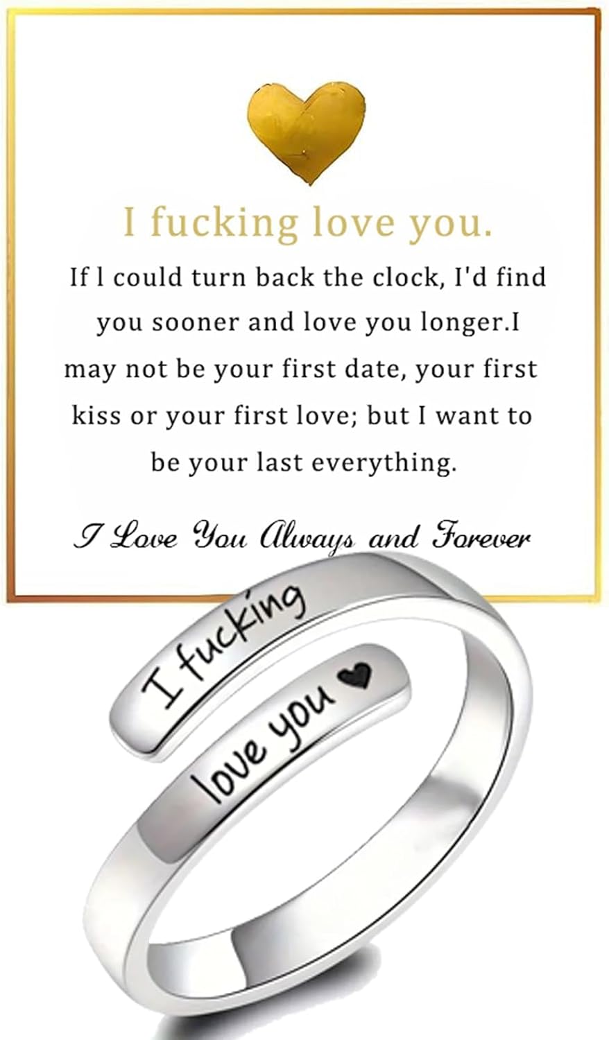 I Fcking Love You Ring For Women, Open Adjustable Stainless Steel Engraved Heart Spiral Wrap Twist Vintage Promise Rings Inspirational Jewelry for - main view