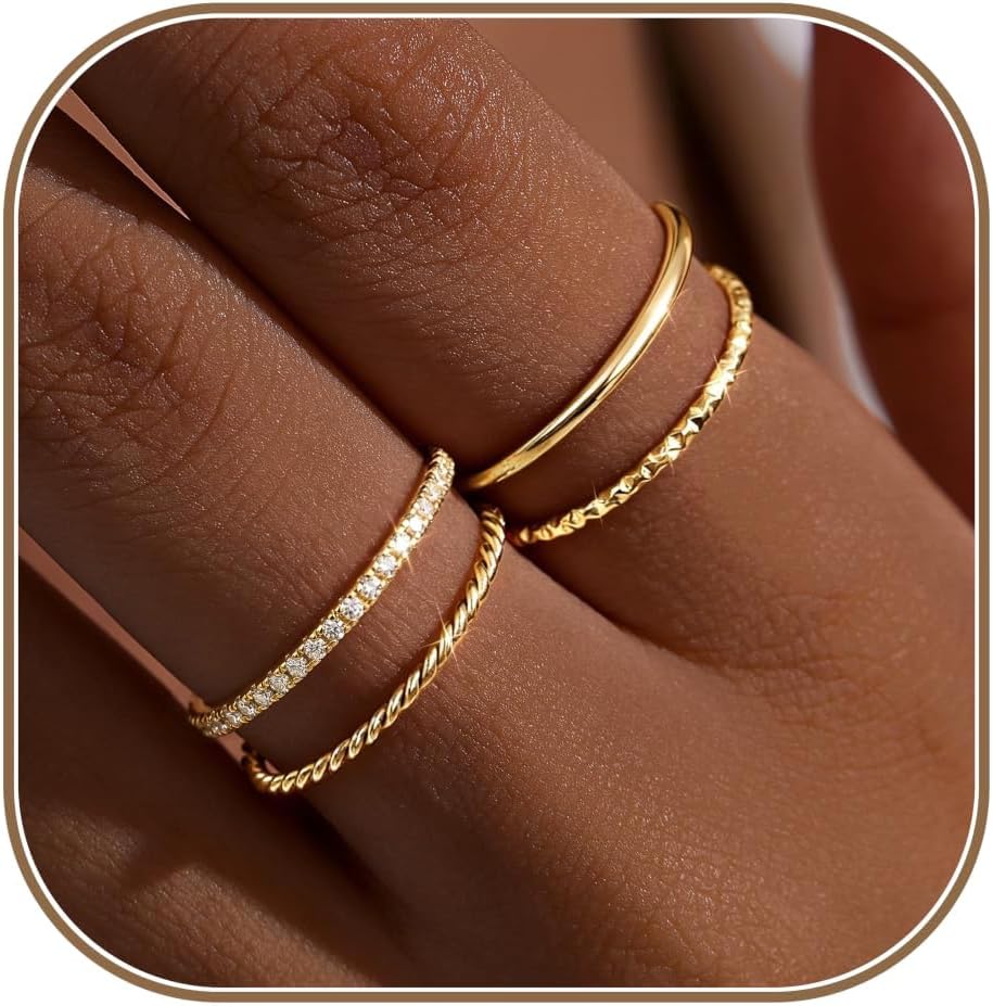 Dainty Stackable Gold Rings for Women, Stacking 14K Gold Plated CZ Wedding Bands Ring Set, Simple Trendy Minimalist Engagement Promise Thumb Pinky - main view