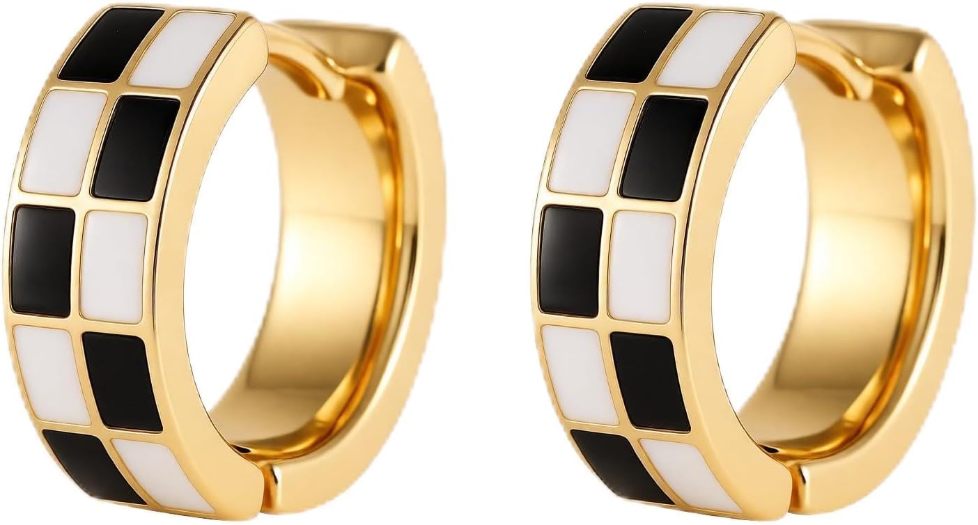 Checker Cartilage Hoops Teacher Earrings for Women White Black Enamel Gold - main view