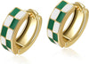 Checker Cartilage Hoops Teacher Earrings for Women White Black Enamel Gold - Green White Gold