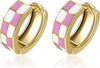 Checker Cartilage Hoops Teacher Earrings for Women White Black Enamel Gold - Pink white-Gold