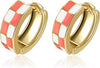 Checker Cartilage Hoops Teacher Earrings for Women White Black Enamel Gold - Orange white-Gold