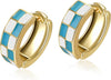 Checker Cartilage Hoops Teacher Earrings for Women White Black Enamel Gold - Blue White-Gold
