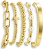 Chunky Gold Bangle Bracelets for Women with Dainty 14k Gold Plated Big Stackable Bangles Set Statement Cuff Bracelet Stack Fashion Jewelry Gifts - 5 Gold cross bead chain bangles