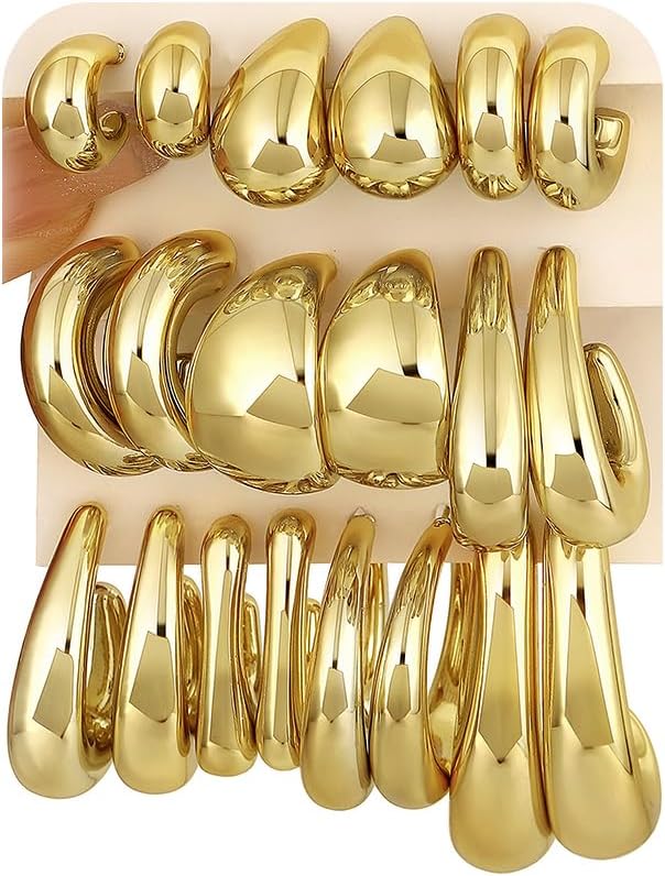 10 Pairs Chunky Gold Hoop Earrings for Women, Trendy Set - main view