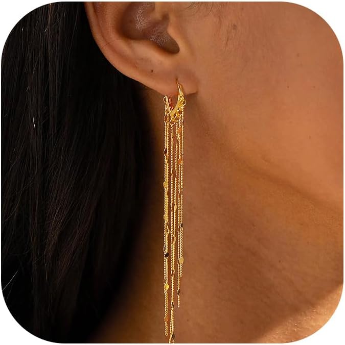 Long Gold Dangle Earrings for Women, 14K Plated Tassel Earring - main view