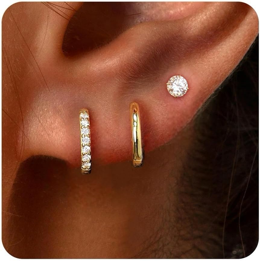 Small Gold Huggie Hoop Stud Earrings for Women Ear Stack Set - main view