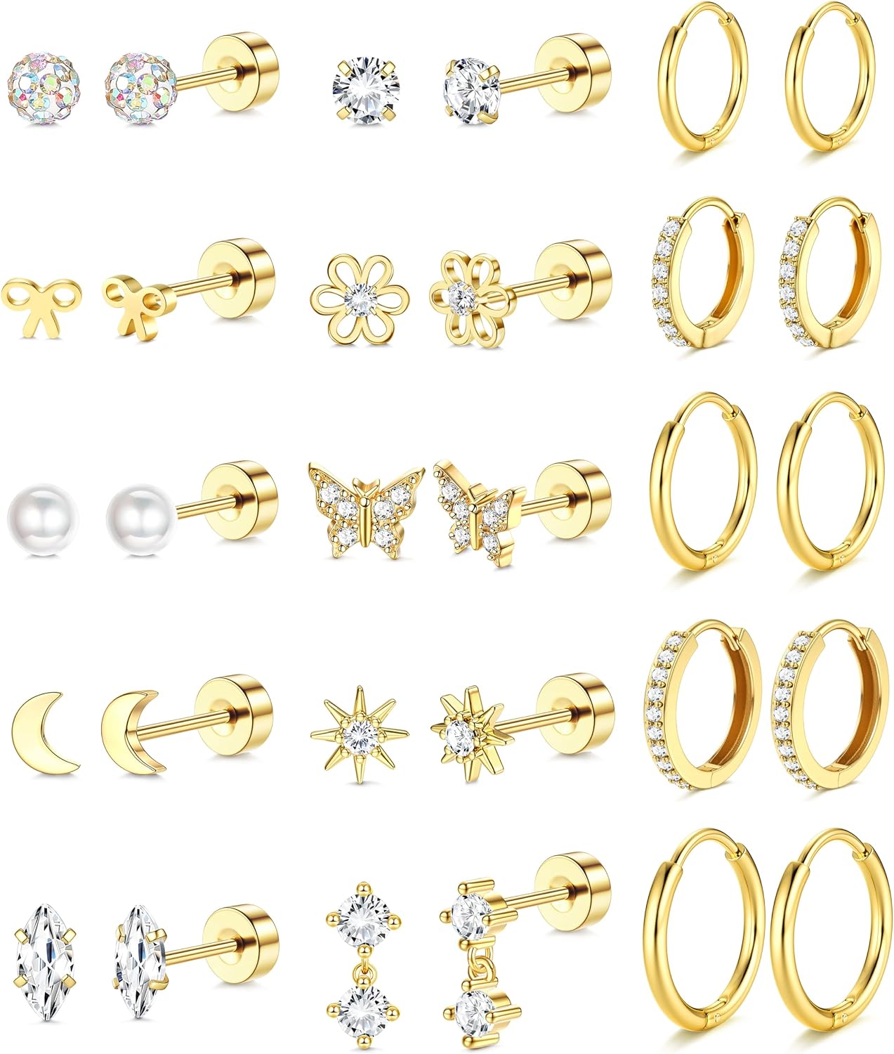 14K Gold Plated Flat Back Earrings - Surgical Stainless Steel Stud Hoop Earrings for Women Cute Stud Earring Set Small Huggie Hoops Cartilage Earring - main view
