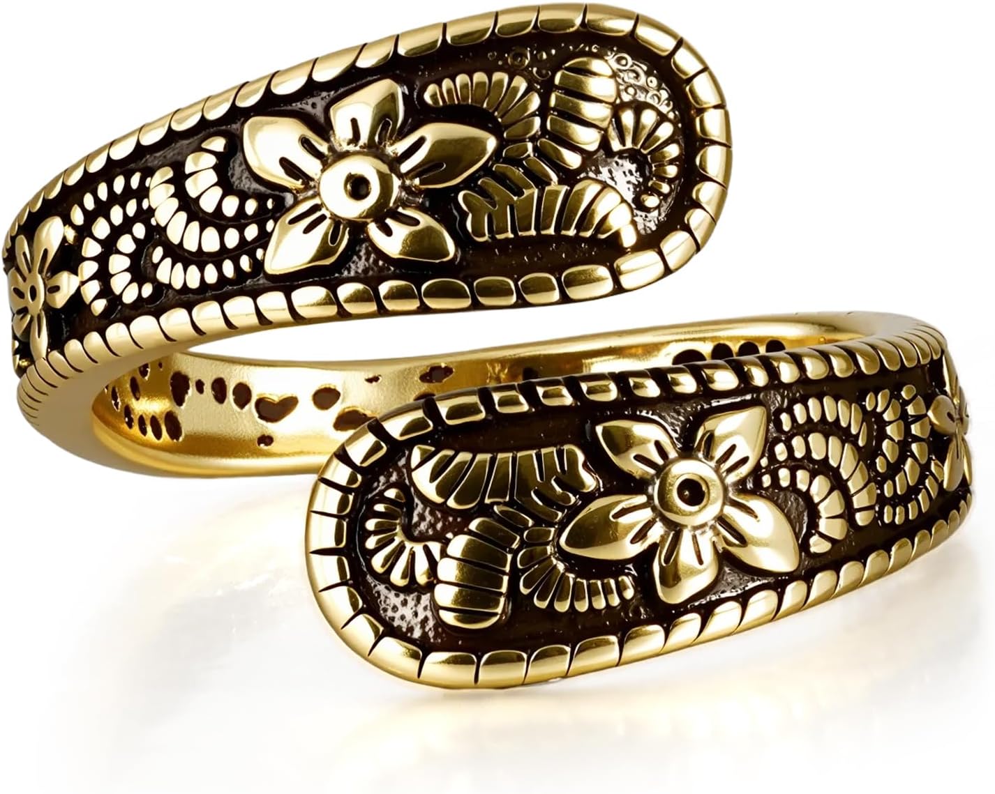 Vintage 14K Gold Plated and Silver Spoon Ring – Adjustable Ring with Carving Design for Women, Unique Boho Open Ring for Gift - main view