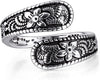 Vintage 14K Gold Plated and Silver Spoon Ring – Adjustable Ring with Carving Design for Women, Unique Boho Open Ring for Gift - Silver & Black
