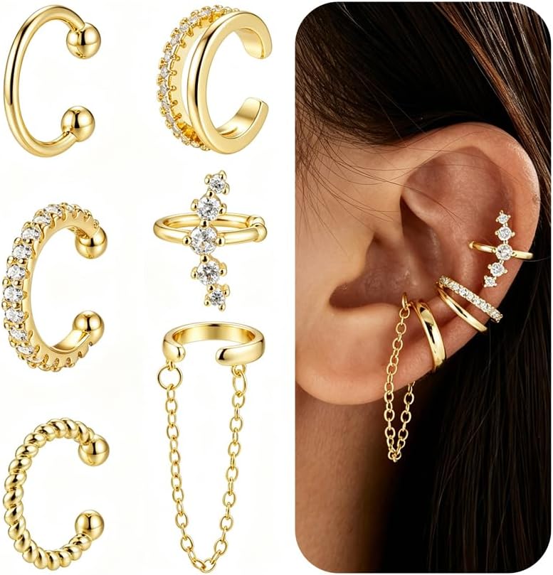 Ear Cuffs Non Piercing Chunky/Thin 14K Gold Plated Ear Cuff Earrings for Women Dainty Cuff for Non Pierced Ears Gold Clip on Cartilage Earring Fake - main view