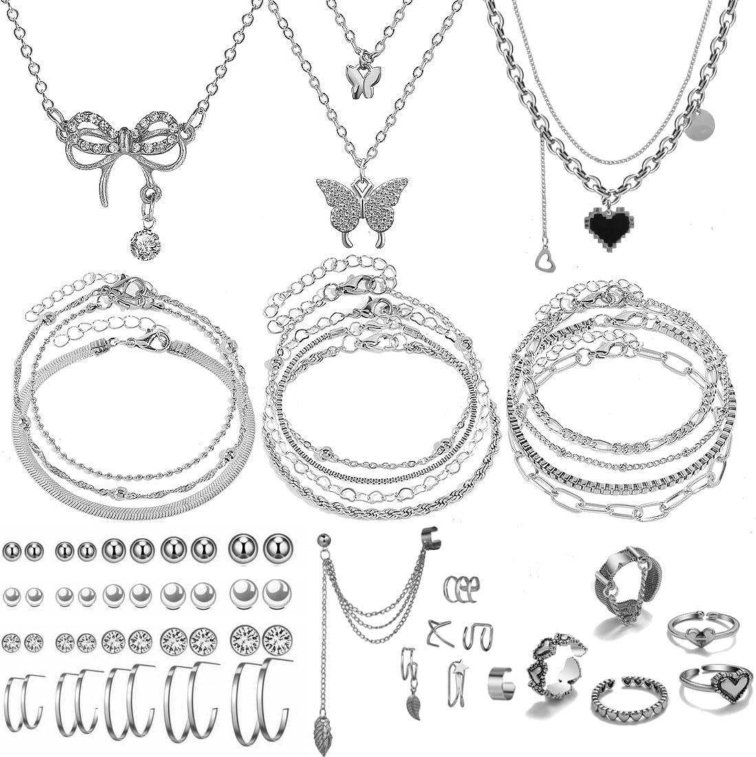47pcs Gold Jewelry Set With 3 PCS Necklace, 11 PCS Bracelet, 20pcs Hoop Stud Earrings, 7pcs rings set For Women For Birthday Gifts - main view