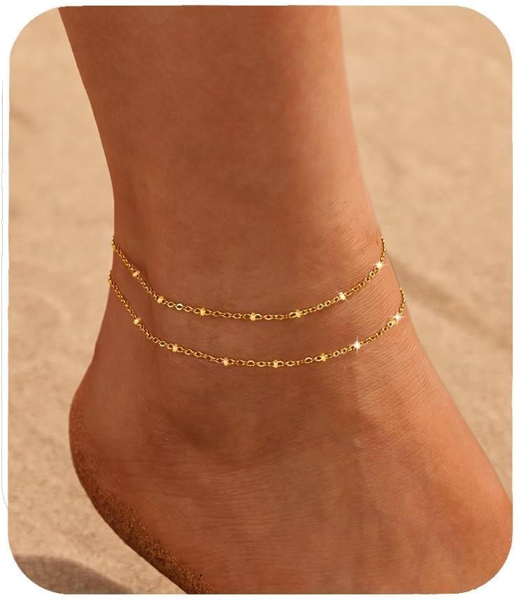 Ankle Bracelets for Women, 14k Gold Plated Ankle Bracelet for Women, Cute Dainty Anklets, Adjustable Beach Jewelry - main view