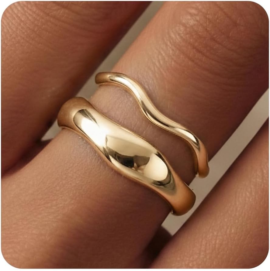 Gold Rings for Women, Chunky 14K Gold Plated Dainty Stackable Rings Trendy Statement Pinky Thumb Rings Engagement Eternity Wedding Band Ring Stacking - main view