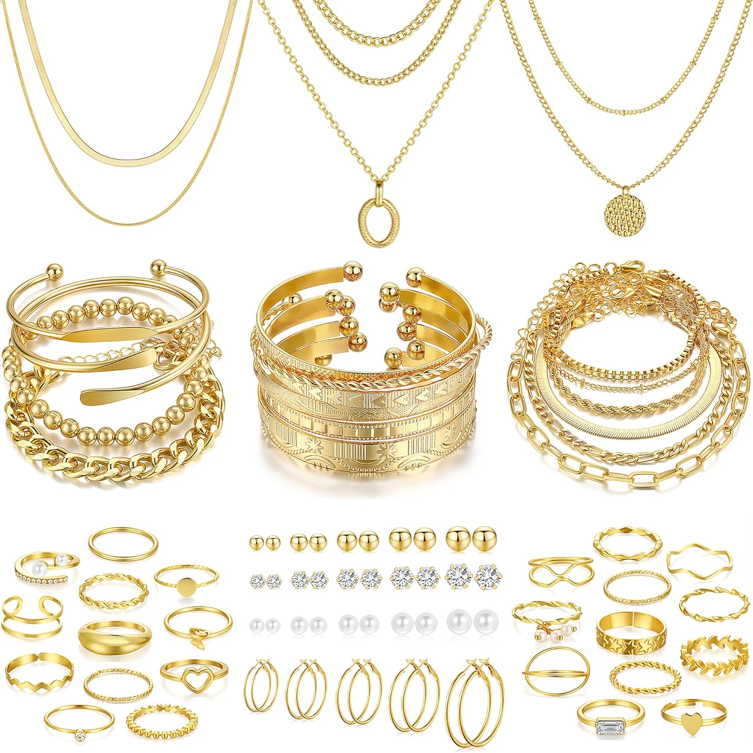 68 Pcs Gold Jewelry Set for Women with 7 Necklace, 17 Bracelet, 5 Hoop Earrings, 15 Stud Earrings, 24 Knuckle Rings for Women Jewelry Set for Women - main view