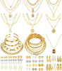 68 Pcs Gold Jewelry Set for Women with 7 Necklace, 17 Bracelet, 5 Hoop Earrings, 15 Stud Earrings, 24 Knuckle Rings for Women Jewelry Set for Women - gold hoops set