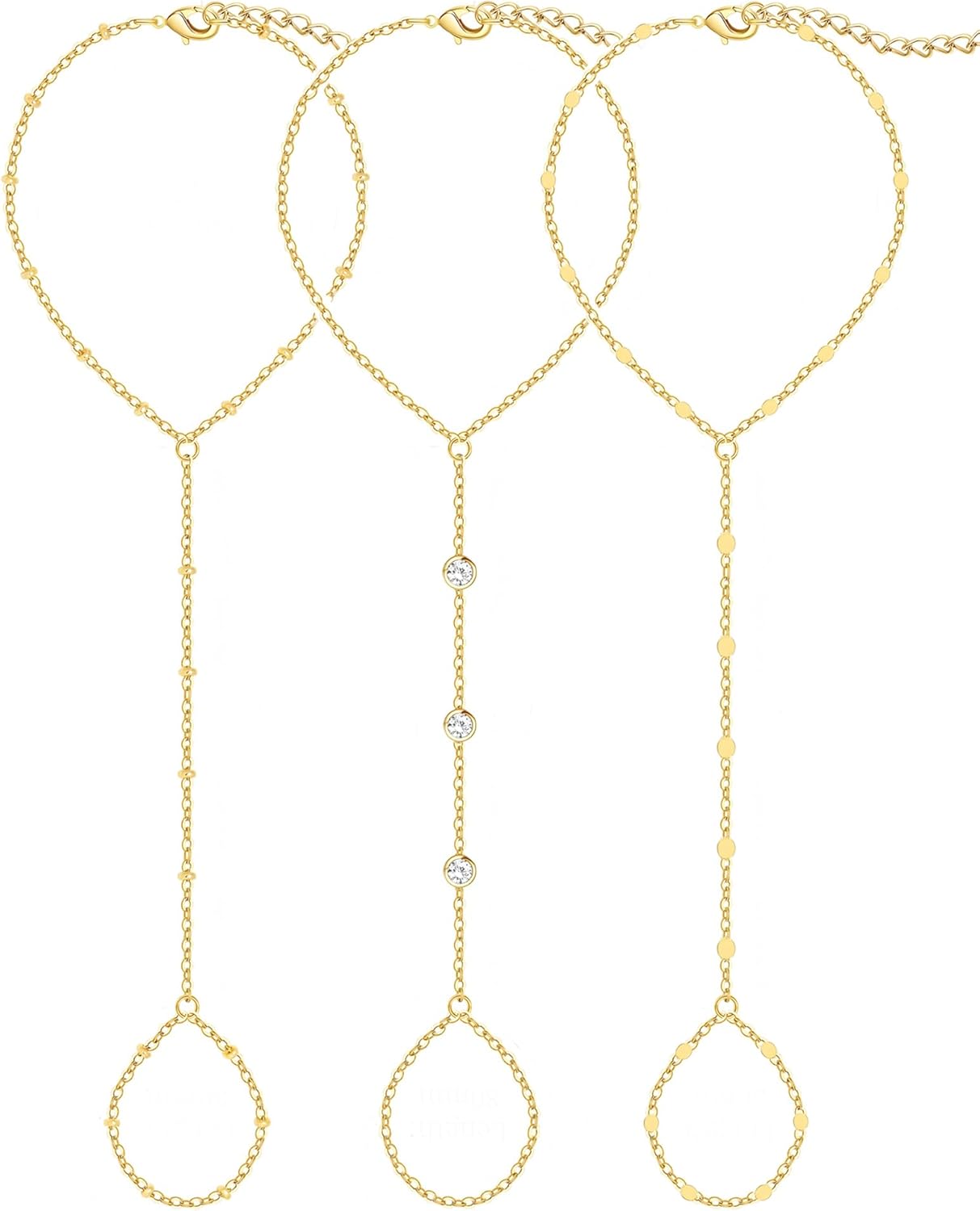 3 PCS 14K Gold Plated Hand Chain Bracelets for Women Stack Bracelets Set Adjustable Dainty Ring Bracelet Hand Chain - main view