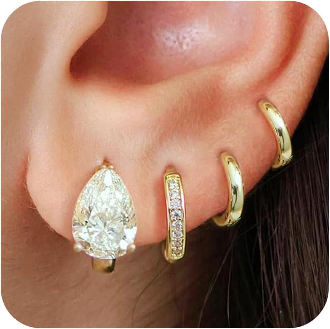 4Pairs Statement Gold Hoop Earrings for Women Trendy, Surgical Steel Gold Plated Hoop Earrings Set, Titanium Hoops Earring Stacks, CZ Cartilage - main view