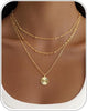 Layered Gold Necklace for Women, 14K Gold Plated Necklace Stack for Women, Dainty Adjustable Gold Necklace Set - Gold Bead Sun Disc Pendant