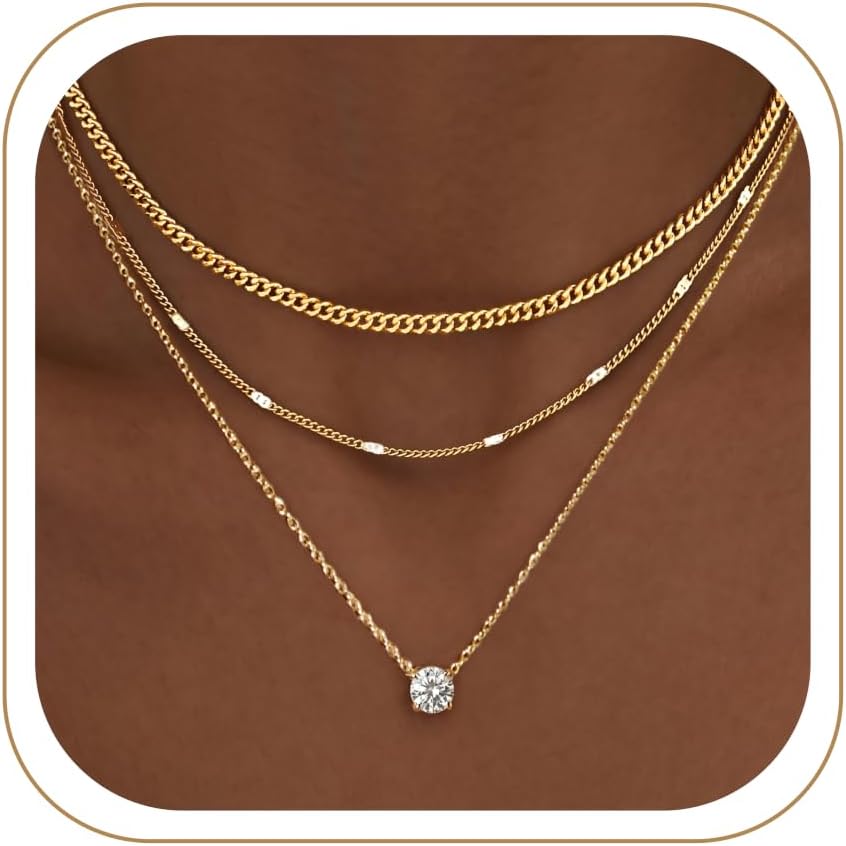 Layered Gold Necklaces for Women with 14K Gold Sterling Silver Plated Dainty Pendant Necklace Set Chunky Stackable Cuban Chain Choker - main view