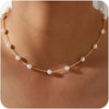 Gold Pearl Necklaces for Women Wedding Bridesmaid Jewelry Gifts with 14K Gold Plated Dainty Necklace Daisy Round Pearl Choker Necklace Layered Pearl - Gold-Satellite Pearl