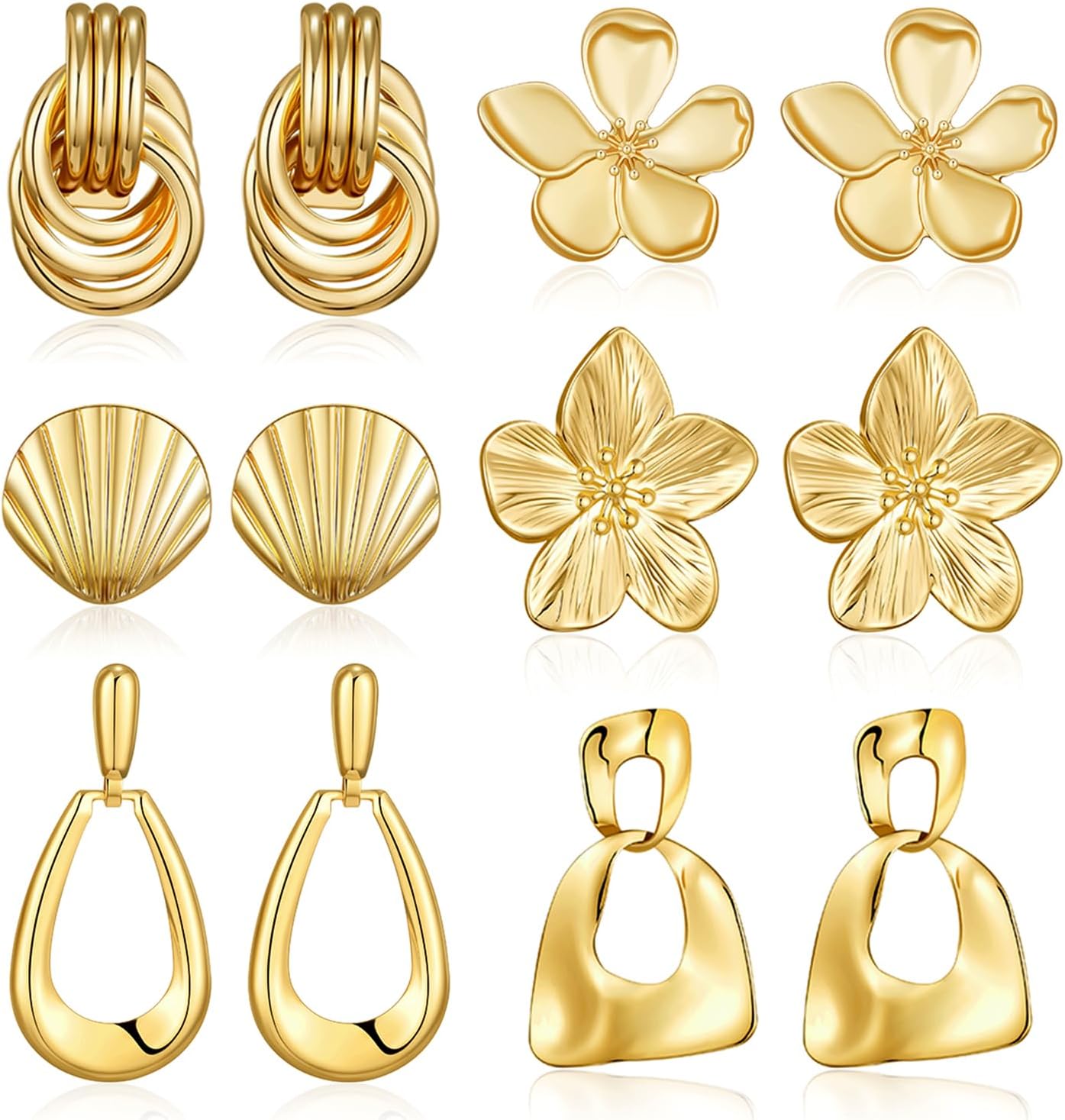 Chunky Gold Earrings For Women Trendy Statement Gold Plated Flower Shell Knot Dangle Earrings Lightweight Fashion Jewelry Set - main view