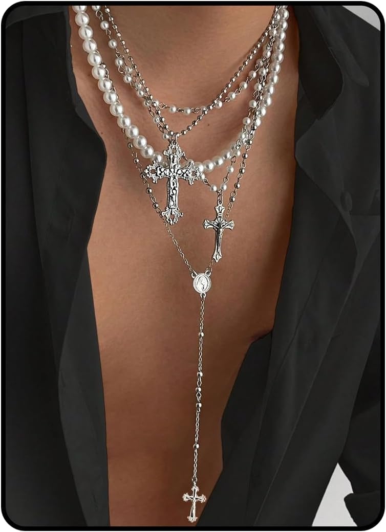 Silver Layered Cross Necklace Set For Women, 4Pcs Pearl Rosary Choker Chunky Christian Pendant Vintage Long Y Gold Necklace Stack Religious Statement - main view