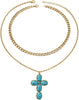Silver Layered Cross Necklace Set For Women, 4Pcs Pearl Rosary Choker Chunky Christian Pendant Vintage Long Y Gold Necklace Stack Religious Statement - Vintage-SS Double Layered Turquoise