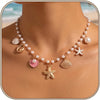 Shell Starfish Necklace for Women Boho Jewelry with Gold Plated Layered Charm Necklace Boho Bead Strands Adjustable Fit Pearl Shell Starfish Charms - Pink