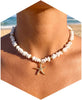 Shell Starfish Necklace for Women Boho Jewelry with Gold Plated Layered Charm Necklace Boho Bead Strands Adjustable Fit Pearl Shell Starfish Charms - White