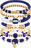 Game Day Bracelet Football Charm Beaded Stretch Bracelet Sports Jewelry for Football Mom Dad Coach Fans Gifts - Blue