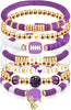Game Day Bracelet Football Charm Beaded Stretch Bracelet Sports Jewelry for Football Mom Dad Coach Fans Gifts - Purple