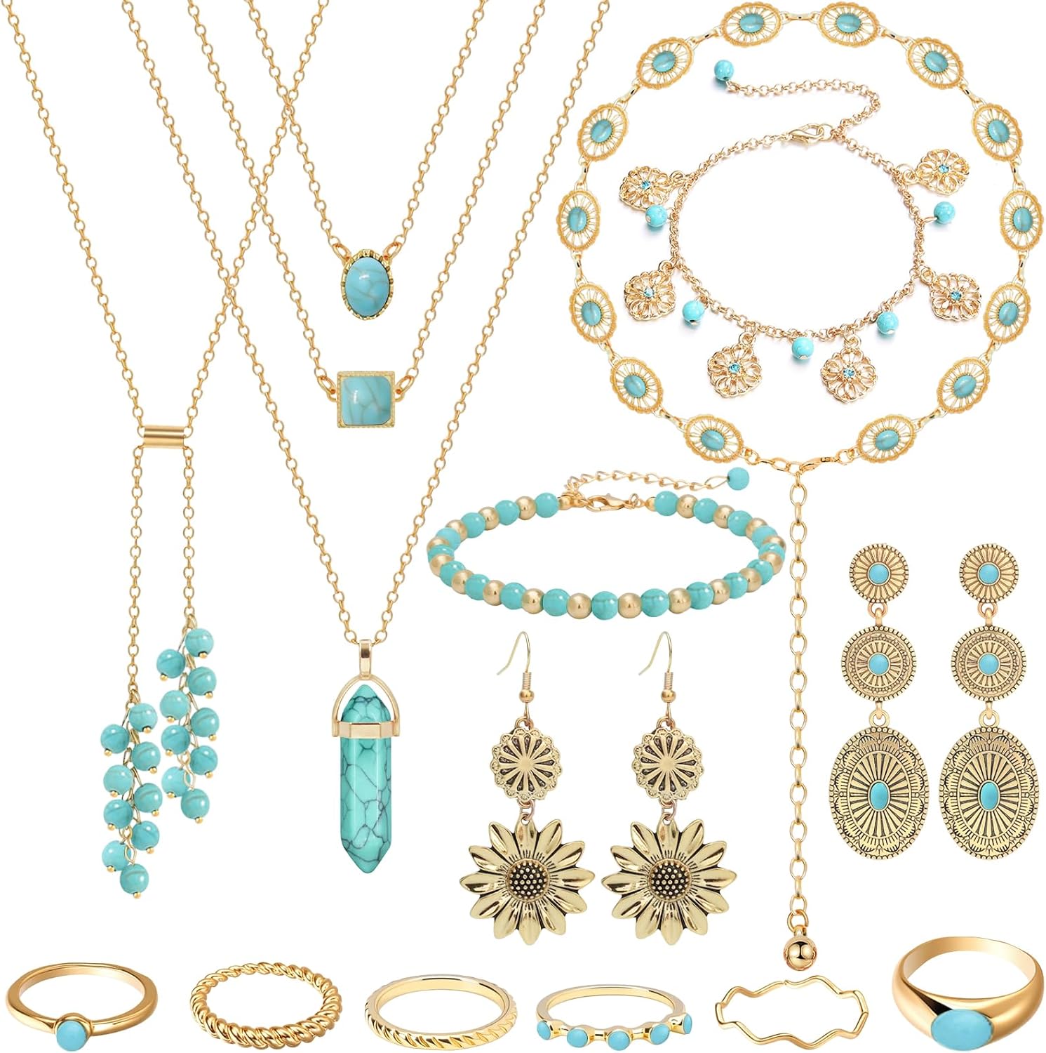 15 Pieces Gold Bohemian Jewelry Set for Women Turquoise Jewelry Set - main view