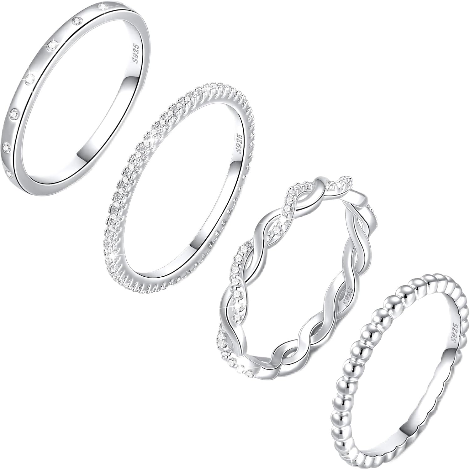 Sterling Silver Ring for Women, 4PCS Thin Stackable Rings Cubic Zirconia Thumb Ring Set Engagement Statement Wedding Bands for Women Size 5-10 - main view