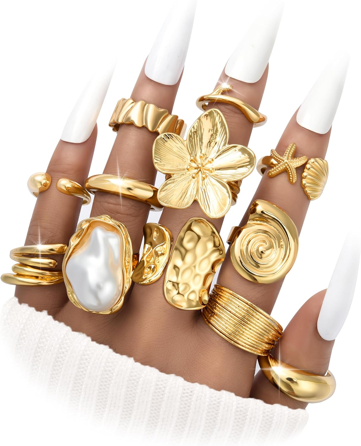 12 PCS Chunky Gold Plated Rings for Women Statement Flower Ring Set - main view