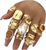 12 PCS Chunky Gold Plated Rings for Women Statement Flower Ring Set - GOLD-4