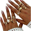 12 PCS Chunky Gold Plated Rings for Women Statement Flower Ring Set - GOLD-3
